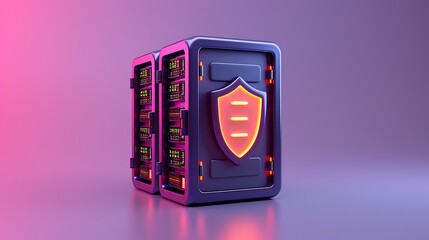 Wall Mural - Futuristic data security box with neon lights, representing advanced technology and protection for digital information.