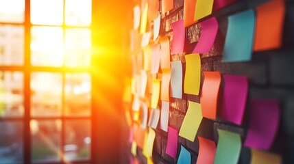 Colorful sticky notes on a wall with sunlight streaming in. Perfect for business brainstorming and planning sessions
