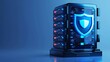 © Tackey - Futuristic data server showcasing security features with illuminated shield, symbolizing protection and technology advancement.
