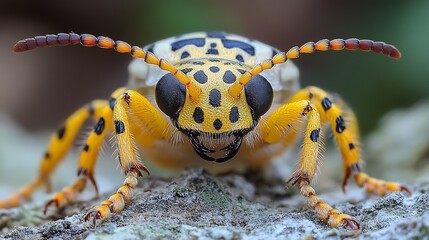 Wall Mural - Close-up of a yellow and black spotted beetle with long antennae, looking directly at the camera.