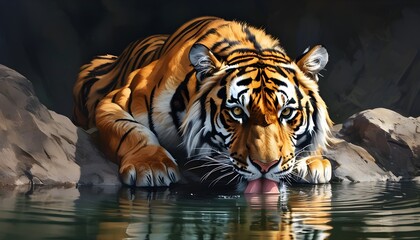 Majestic tiger quenching thirst at a tranquil water source