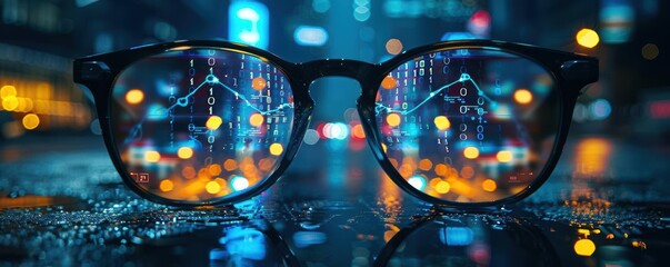 Aufkleber - A close-up view of glasses reflecting vibrant city lights and digital patterns, showcasing urban life through a creative lens.