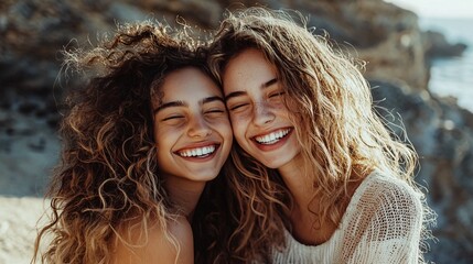 Two young women share a joyful moment, their laughter and secrets reflecting a special sisterly bond.