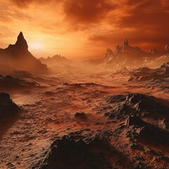 PNG of a Martian landscape filled with sharp rock formations and dusty plains under a red sky