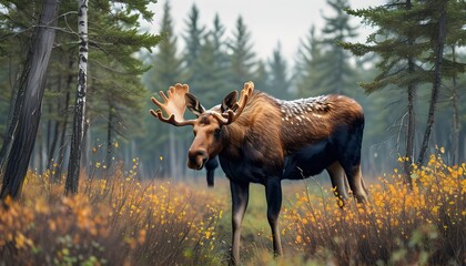 Wall Mural - Majestic moose roaming through a serene forest environment