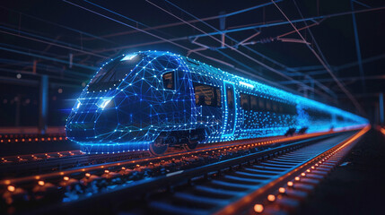 3d wireframe of modern train at railway station or metro, Rapid transit system, transportation, railway logistics concept