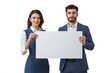 © HEPJAM ai & 3D PNG - A team of businessmen and businesswomen holding a blank white billboard isolated on a white background.