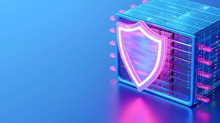 Canvas Print - Futuristic digital shield icon glowing with neon lights, representing cybersecurity and data protection technology.