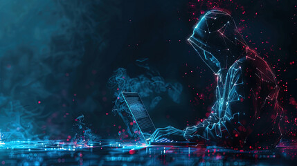 3D low poly vector illustration hacker with laptop on technology dark background. Cyber attack and cyber security concepts. Computer hacking. Digital technology. Man in hoodie. 