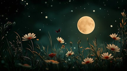 Poster - Night Grassland Illustration with Flowers Grass Butterflies and Ladybird : Generative AI