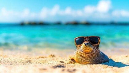 A cool sea turtle wearing sunglasses relaxing on a sunny beach with a vibrant ocean backdrop.