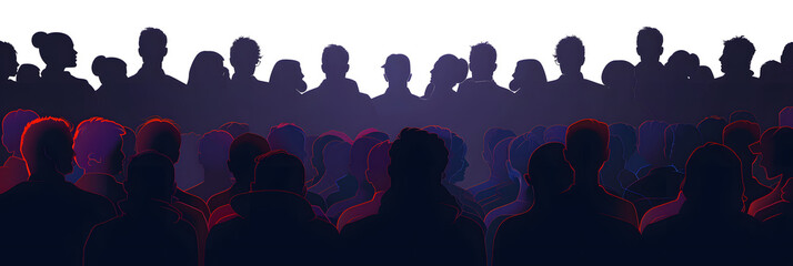 Crowd of people in the auditorium, silhouette of men and women sitting in two rows. Vector illustration.