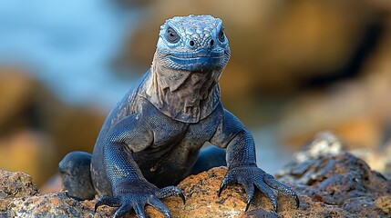 Wall Mural - A blue marine iguana sits on a rock, looking directly at the camera.