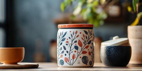 A white ceramic jar with a floral design sits on a wooden table with a cup and saucer out of focus in the background.