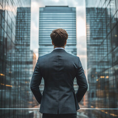 businessman with his back turned with natural light highlighting , modern setting