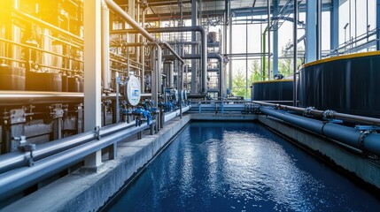 Water purification tanks in a chemical factory, surrounded by pipes and machinery, showcasing modern wastewater treatment.