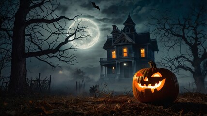 A spooky Halloween night scene with a glowing jack-o'-lantern in the foreground, surrounded by fog, with a full moon and bats flying over a haunted house in the background 