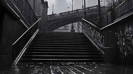 Wall Mural - Black and white image of stairs in rain with bridge in background