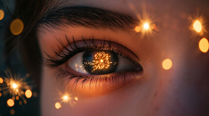 Fireworks reflecting in a person's eye during a celebratory evening event, capturing the vibrant colors and excitement of the moment