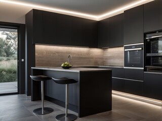 Wall Mural - Modern Kitchen with Black Cabinets, Island, and Under-Cabinet Lighting