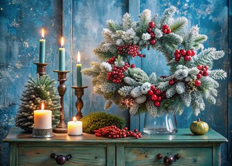 A bouquet of fir trees with red berries and candles on a vintage chest of drawers on a blue background. Christmas decorations in the interior. The concept of preparing for the New Year holidays 2025.