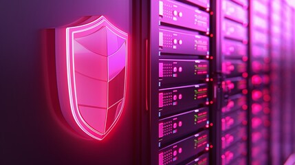 Wall Mural - Illuminated shield icon on a server rack, symbolizing cybersecurity and data protection in a modern data center environment.