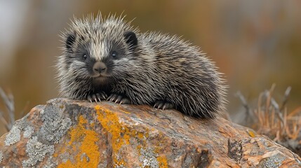 Wall Mural - A small, spiky hedgehog sits on a rock, looking directly at the camera.