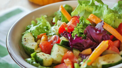 Fresh and colorful mixed salad featuring cucumbers, tomatoes, carrots, and vibrant greens on a wooden table