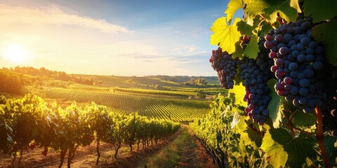 Beautiful vineyard landscape at sunset, showcasing ripe grapes and lush greenery in a serene environment.