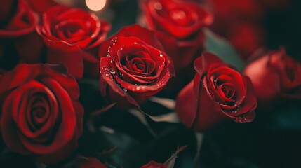 Poster - Close-up of Red Roses with Dew Drops