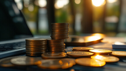 Stacks of coins beside a smartphone and laptop during sunset in a tranquil outdoor setting