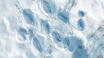 Close-up view of animal tracks in fresh snow, revealing unique patterns and textures against a winter backdrop.