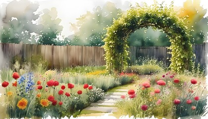 Wall Mural - Serene watercolor garden bursting with vibrant blooms and lush greenery