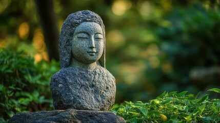 Sacred spiritual stone sculpture highlighted against a natural background, reflecting divine tranquility.