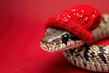 Festive reptile celebrating happy new year 2025 snake in Santa hat isolated on white background