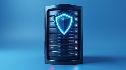 Wall Mural - Stylish server with protective shield glowing blue, symbolizing advanced security in server technology and data protection.