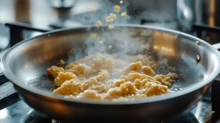 Close up of plant based egg substitute cooking in pan, creating steam and texture