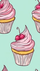 Wall Mural - Cherry Cupcakes Pattern.