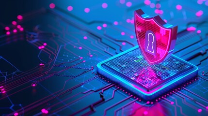 Canvas Print - Vibrant digital shield representing cybersecurity on a circuit board, emphasizing protection and technology in a modern context.