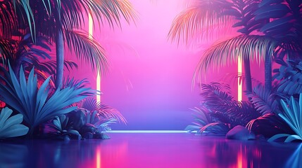 Sticker - Tropical background in neon light in retro style