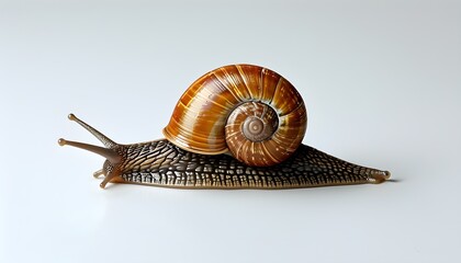 Minimalistic profile of a snail with a brown shell and white body against a pristine white backdrop, showcasing the beauty of natures design.