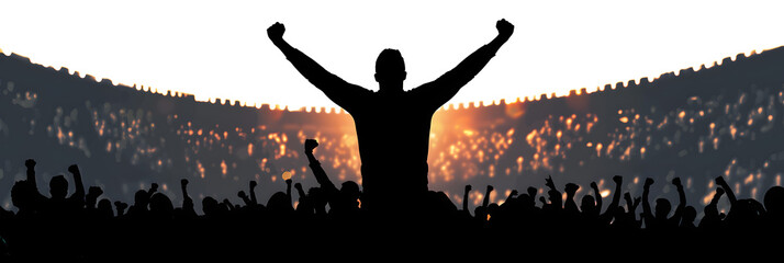 Cheerful man on background of crowd people silhouette, cheerful fans people at stadium. Sports event or concert. Vector illustration