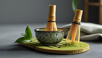 Wall Mural - Elegance of Traditional Tea-Making: Close-Up of Bamboo Whisk in Serene Grey Setting