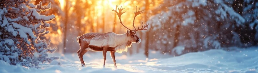 Majestic reindeer standing gracefully in a snowy forest, illuminated by golden sunlight filtering through trees.