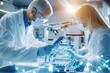 © Kultawatch - A biotechnology laboratory with male and female researchers inspecting equipment while analyzing electronic components and real-time metaverse data