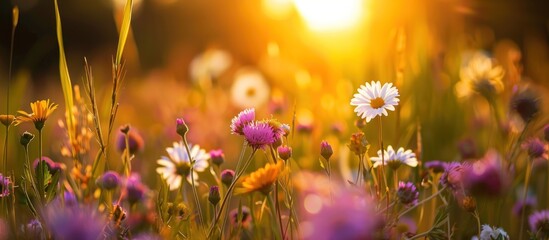 Canvas Print - Golden Sunset over a Field of Wildflowers