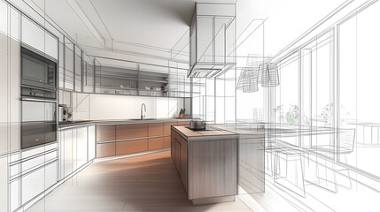 Sticker - An abstract sketch design of an interior kitchen is rendered in 3D, offering a unique perspective on the space.