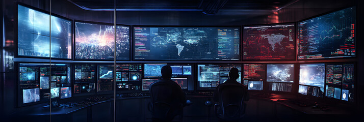 Cybersecurity command center with multiple screens and data visualizations, dark ambient lighting, watercolor painting.