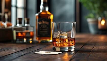 Wall Mural - Elegant whiskey display on dark wooden table for e-commerce product card design