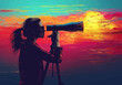 © Perfect Vector - Businesswoman Searching for Opportunities with Telescope at Sunset, Concept of Future Vision and Exploration in Vibrant Minimalistic Style
